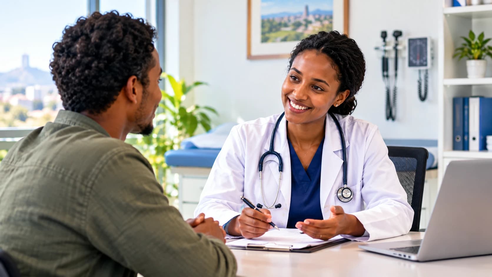 A doctor smiling as she talks with a patient across her desk